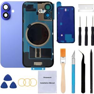 OEM Rear Back Glass Replacement for iPhone 16 6.1-inches + Pre-Installed Plate and Camera Frame and Lens + Reparing Tool Kit (Ultramarine)