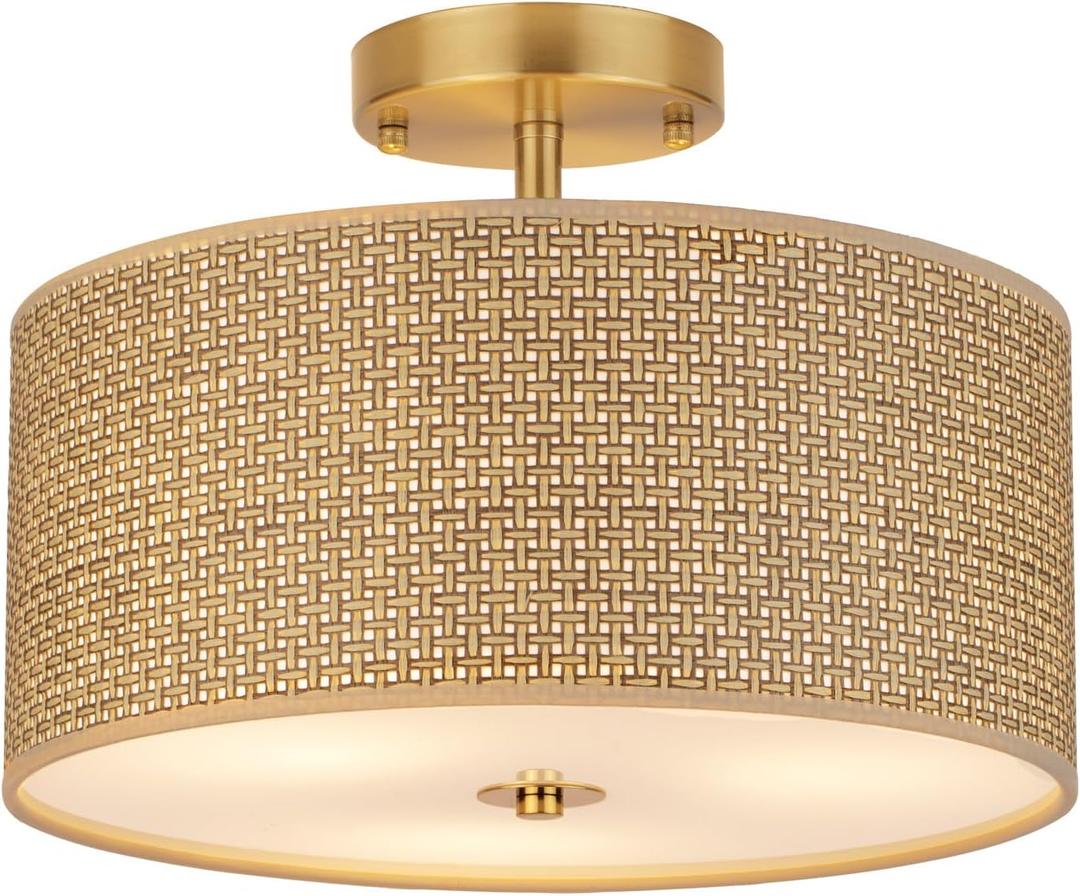 13" Woven Rattan Boho Ceiling Light Fixture, 3-Light Modern Semi Flush Mount Lamp with Drum Fabric Shade, Rustic Brown Lighting for Bedroom, Dining Room, Living Room, Hallway, Entryway