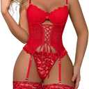 Lilosy Sexy Floral Lace Up Corset Garter Lingerie Set (Medium, Red)