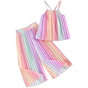 RoseSeek Girl's 2 Piece Boho Outfits Pleated Spaghetti Strap Camisoles and Elastic Waist Wide Leg Pants, Size 5Y