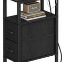 Narrow Side Table for Small Spaces, Skinny End Table with Charging Station, Sofa Beside Table with 2 Fabric Drawers and 1 Open Compartment, Slim Nightstand with USB Ports Outlet, Black UTBT004B