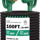 STRIGHT 100FT RV Extension Cord 30 Amp, RV Power Extension Cord NEMA TT-30P Male to TT-30R Female Heavy Duty 10 AWG STW 3-Wire for RV Trailer Campers 125V, 3750W, ETL Listed (100FT 30AMP), Green Plug