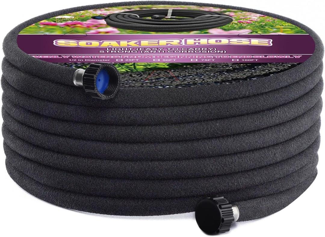 Short Soaker Hose 25ft -5/8 Round Rubber Garden Soaker Hoses, Heavy Duty Irrigation Drip Hose, Durable Seeper Water Hose for Gardens, Flower Beds And Lawn Yard