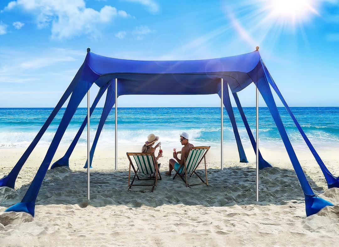 Beach Tent, Beach Canopy Sun Shade with UPF50+ UV Protection, 10x10ft, Includes 8 Sandbags, Sand Shovel, Ground Pegs & 4 Stability Poles, Pop Up Sun Shelter for Camping, Picnics, Backyard Fun