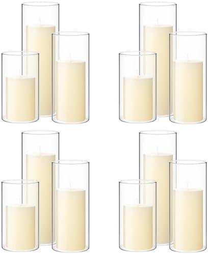 Shihanee Set of 24 Pillar Candles and Glass Cylinder Vases Clear Cylinder Candle Holders for Slim Pillar Candles Wedding Centerpieces(2.6''x 4.7'', 5.9'', 7.9'',Ivory White)