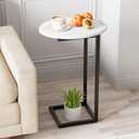 C Shaped End Side Table, Small Oval Couch Sofa Table for Bed, Snack Side Table with Metal Frame, TV Tray Table with White Marble for Small Space, Living Room, Bedroom, Bedside, Black