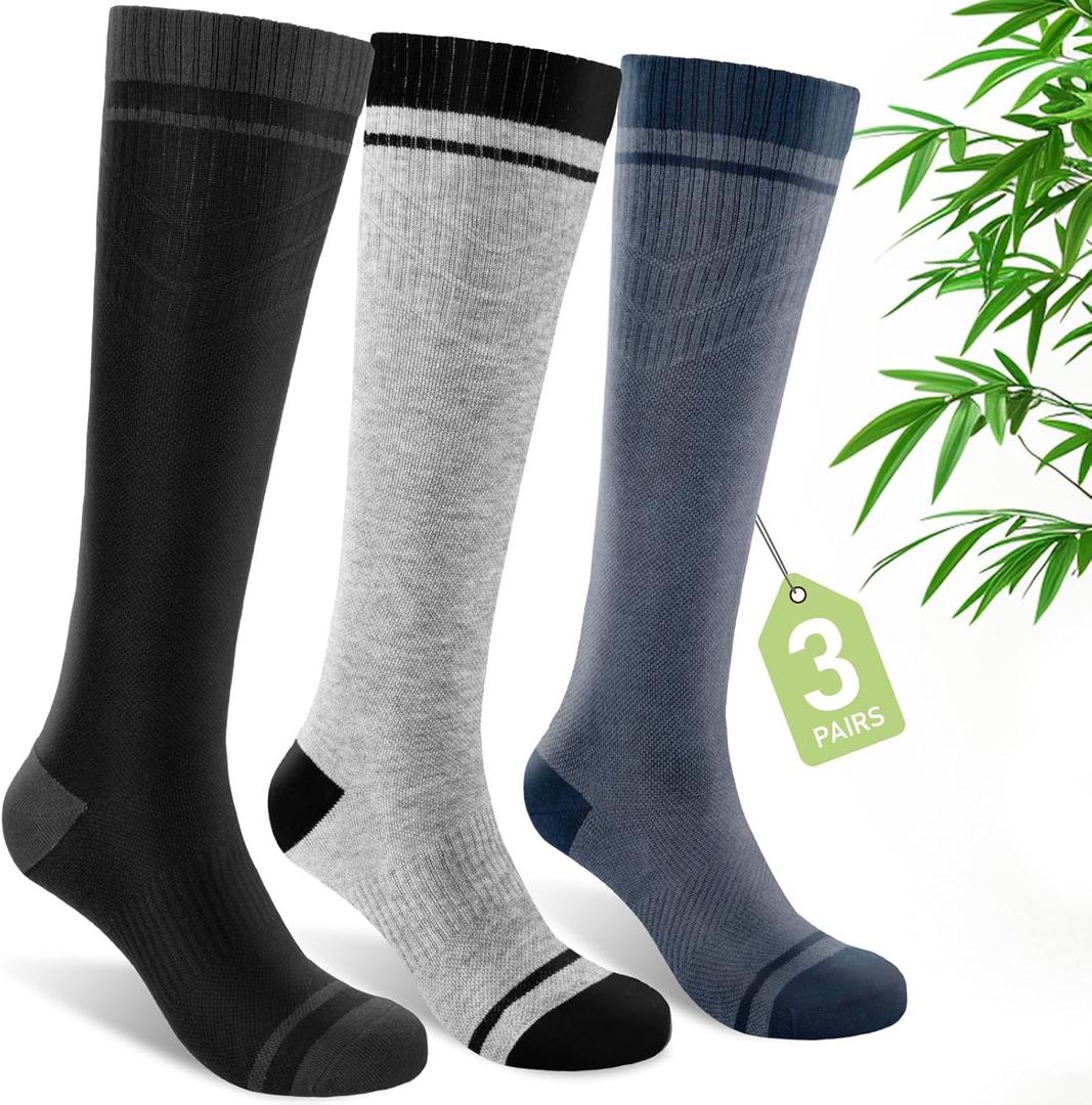 SONORAN Bamboo Viscose Compression Socks for Women & Men (3 Pairs) 15-20 mmHg Knee High Support for Nurses, Travel, Pregnant L/ XL (Black&Gray&Blue）