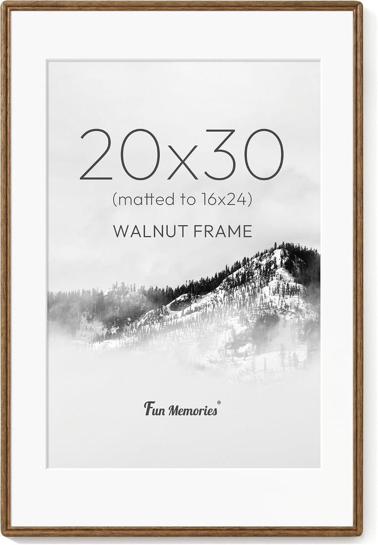 Fun Memories 20x30 Picture Frames, 20"x30" Poster Frame for Wall, 20 x 30 USA-Sourced Walnut Wood Frame with Real Tempered Glass, Display Poster 16x24 with Mat or 20 x 30 Without Mat, 1 Pack