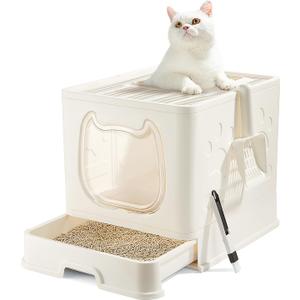 Cat Litter Box with Lid, Covered Top Entry Kitten Litter Pan for Small and Medium Cats, Anti-Splashing Kitty Potty with Slide-Out Litter Tray (White)