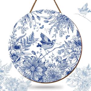 FYSUIMU Spring Flower Wooden Hanging Sign Chinoiserie Floral Door Decor Sign Blue and White Flower Bird Welcome Wood Sign for Indoor Outdoor Porch Wall