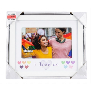 8×7 I Love Us Picture Frame Raised White Outer MDF Wood Moulding White Wood Grain Finish Mat With Gray Screen printed Text Silver Finish Metal Heart Attachment