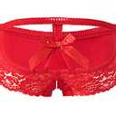 PERAMBRY Women's Lace Stretch Sexy Thong Bikini Panties Bow Tie Breathable Fashionable (Red-0200, X-Large) 3pcs