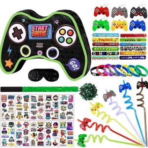 Video Game Pinata Set for Boy Kids Gamer Party with Controller Pinata, Straws, Bracelets, Stickers, Keychain, Confetti Tools for Party Decoration (Black)