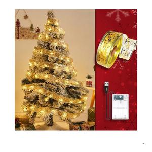 Christmas Ribbon Fairy Lights 33Ft 100 LED String Lights Battery Operated 2In Gold Foil Ribbon with Warm White Twinkle Firefly Lights Indoor Starry Holiday Decoration for Christmas Tree