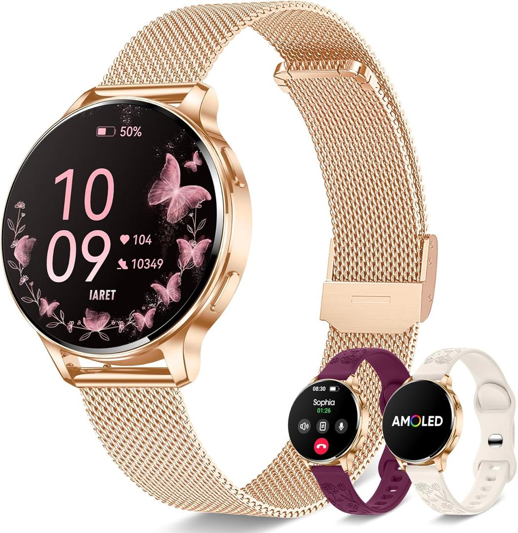 Smart Watches for Women, 1.27 AMOLED Fitness Tracker with Heart Rate SpO2 Sleep Monitor, 3 Bands, 120+ Sport Modes, Call & Notifications, Smartwatch for Android & iPhone Compatible, 40mm Rose Gold