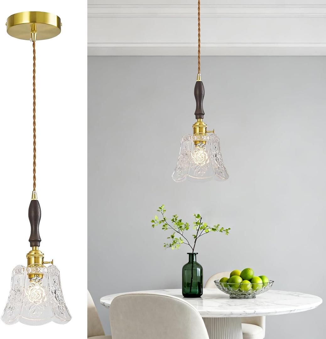 Modern Clear Pendant Light Brass Finish Hanging Lamp Fixture with Patterned Glass Shade & Walnut Wood Accent Vintage Hanging Lamp for Kitchen Island Dining Room Bedroom (1 Pack)