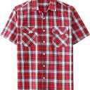 JOGAL Mens Plaid Button Down Shirts Mens Short Sleeve Western Shirts Two Pocket Regular Fit Mens Button Up Casual Shirts (Red, XXL)