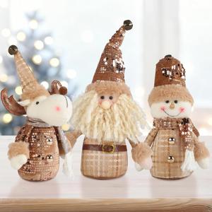 Christmas Decorative Plush Gnomes Set, 3-Piece Holiday Figurines with Sequin Hats, Snowman Santa Reindeer Design, Gold Brown