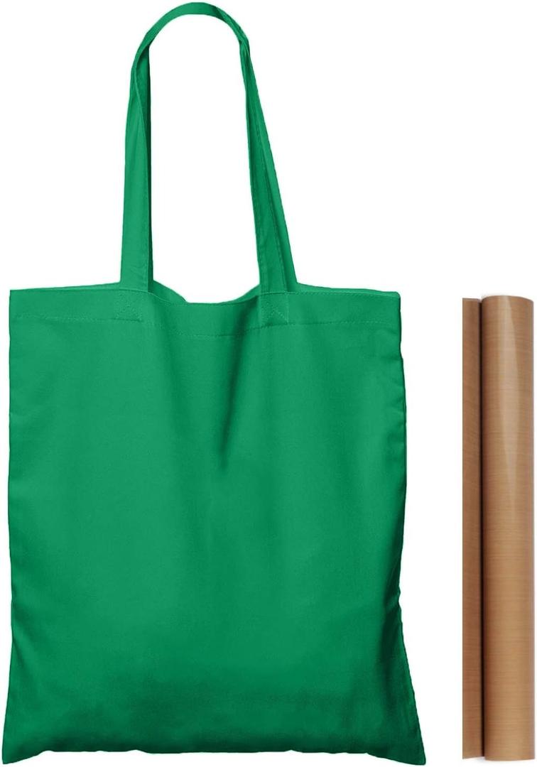 NPBAG 5 Pack 15'' X 16'' Green Cotton Tote Bags, Lightweight Blank Bulk Cloth bags with 1pc of PTFE Teflon Sheet (Medium)