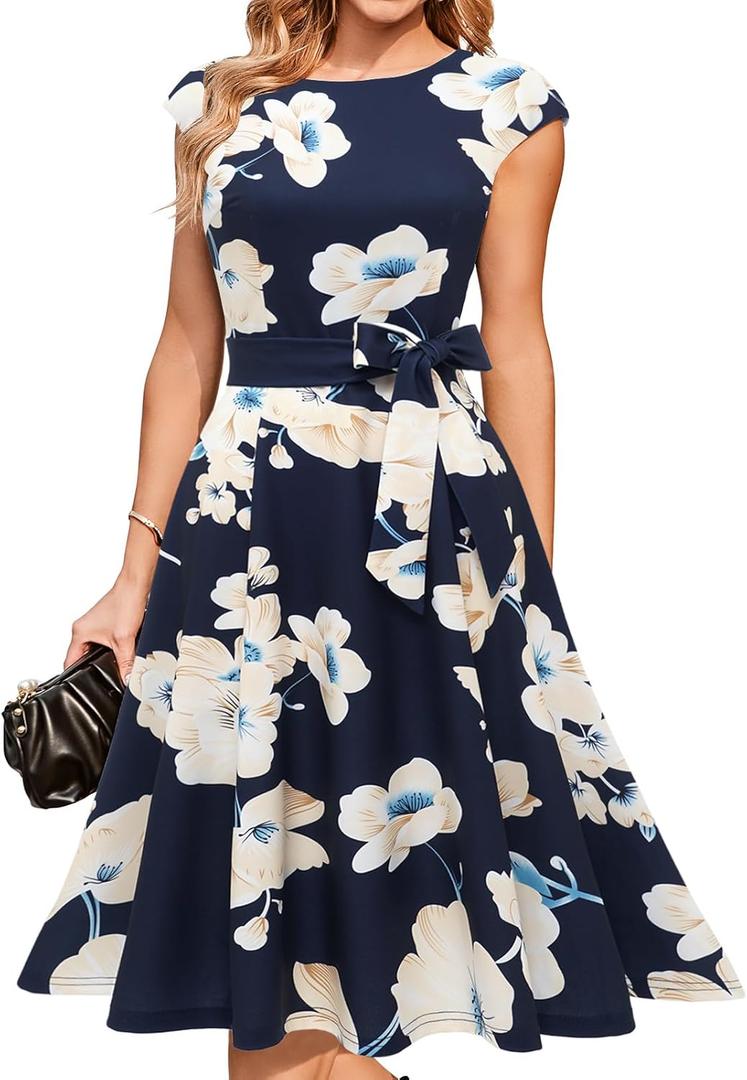 DRESSTELLS Women's Cocktail Dresses, Formal Wedding Guest Church Modest Graduation Party Prom Dress 2025 (XX-Large, Navy Yellow White Flower)