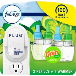 Febreze Plug-In Air Freshener, Odor-Fighting Scented Oil Starter Kit, Air Fresheners for Home, Bathroom and Kitchen, Long Lasting for Strong Odors, Gain Original Scent, Warmer + 2 Refill, Multicolor