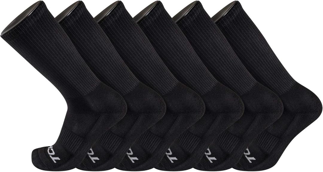 TCK Work & Athletic Crew Socks for Men & Women  Cushioned, Seamless Toe, Moisture Wicking Boot Sock, Supportive Arch (Large, Black 6-pair)
