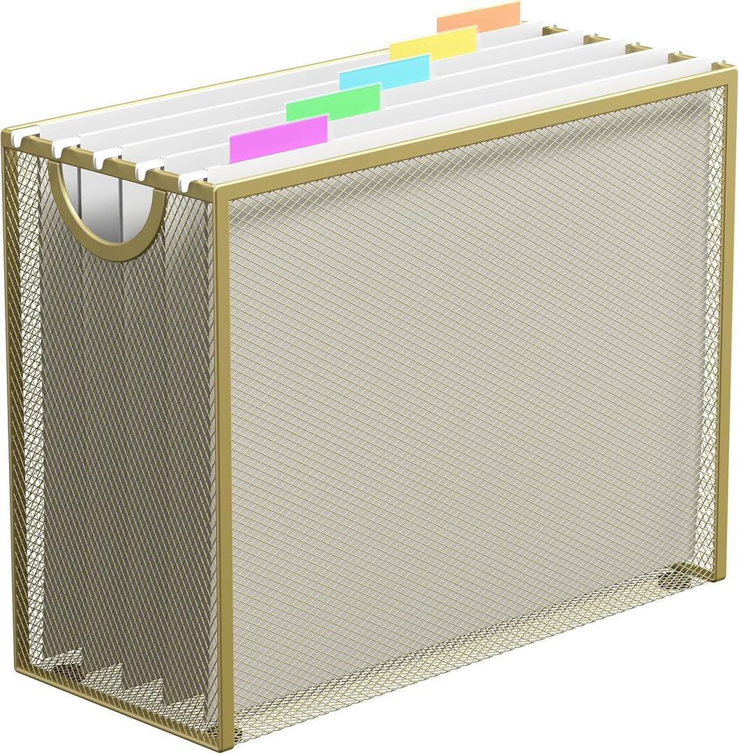 Hanging File Organizer, Letter-size File Holder Filing Box with 5 Hanging Folders, Metal Mesh Desk File Folder Storage(No Assembly Required) (Gold)