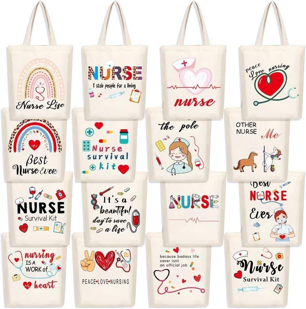 Kolewo4ever 16 Pieces Nurse Appreciation Gifts Nurses Week Gifts Tote Bags Nurse Graduation Retirement Canvas Tote Bags Shopping Bag Shoulder Bag Gift for Women Nurses Supplies