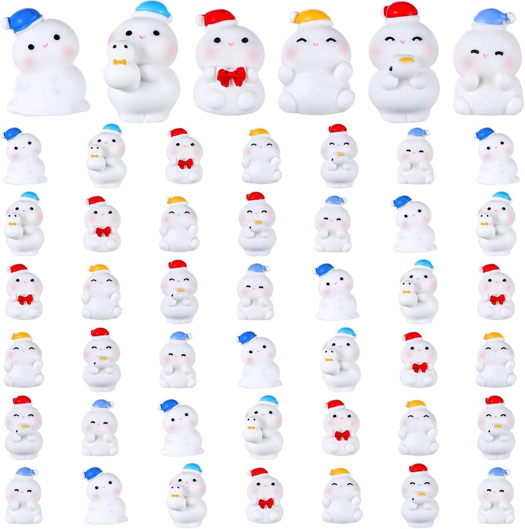 48 Pcs Winter Mini Resin Snowman Tiny Snowman Figurines with Colored Hat Garden Miniature Landscape Accessories Dollhouse Hide Crafts Decor (Cute)