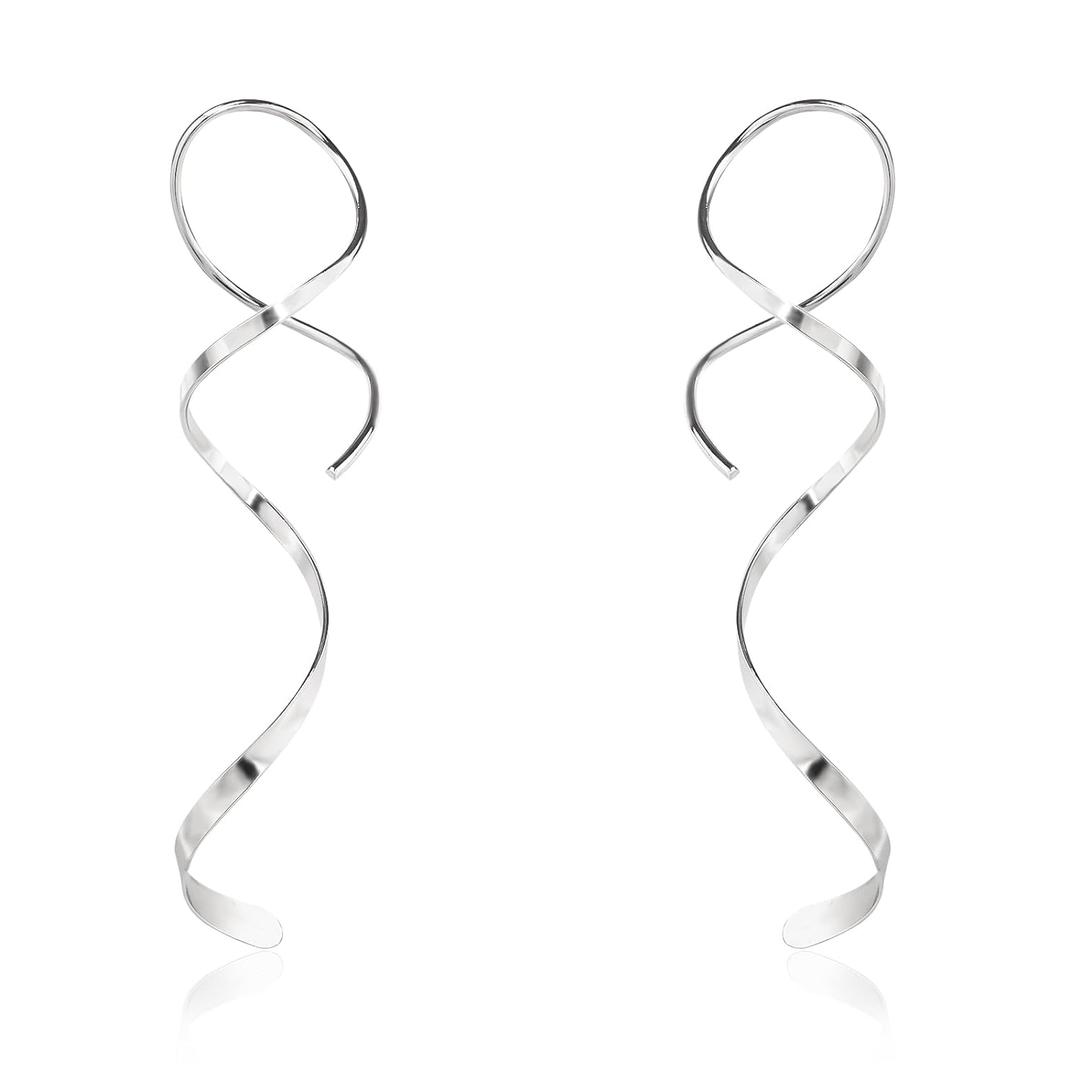Handmade 925 Sterling Silver Spiral Threader Earrings Hypoallergenic Twisted Curved Drop Dangle Earrings Pull Through Earrings for Women Trendy Fashion-Long Silver