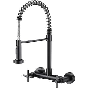 Wall Mount Kitchen Faucet, Hurran Matte Black Kitchen Sink Faucet, 8 Inch 2 Handle Wall Mount Commercial Sink Faucet with Pull Down Sprayer for Kitchen Laundry Room Restaurant