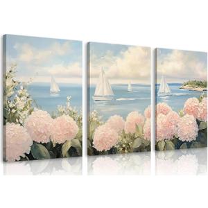 Set of 3 Pink Coastal Hydrangea Canvas Wall Art Seascape Floral Painting Picture Wall Decor Vintage Sailboats Poster print Artwork for Living Room Bedroom dormitory Home Decoration