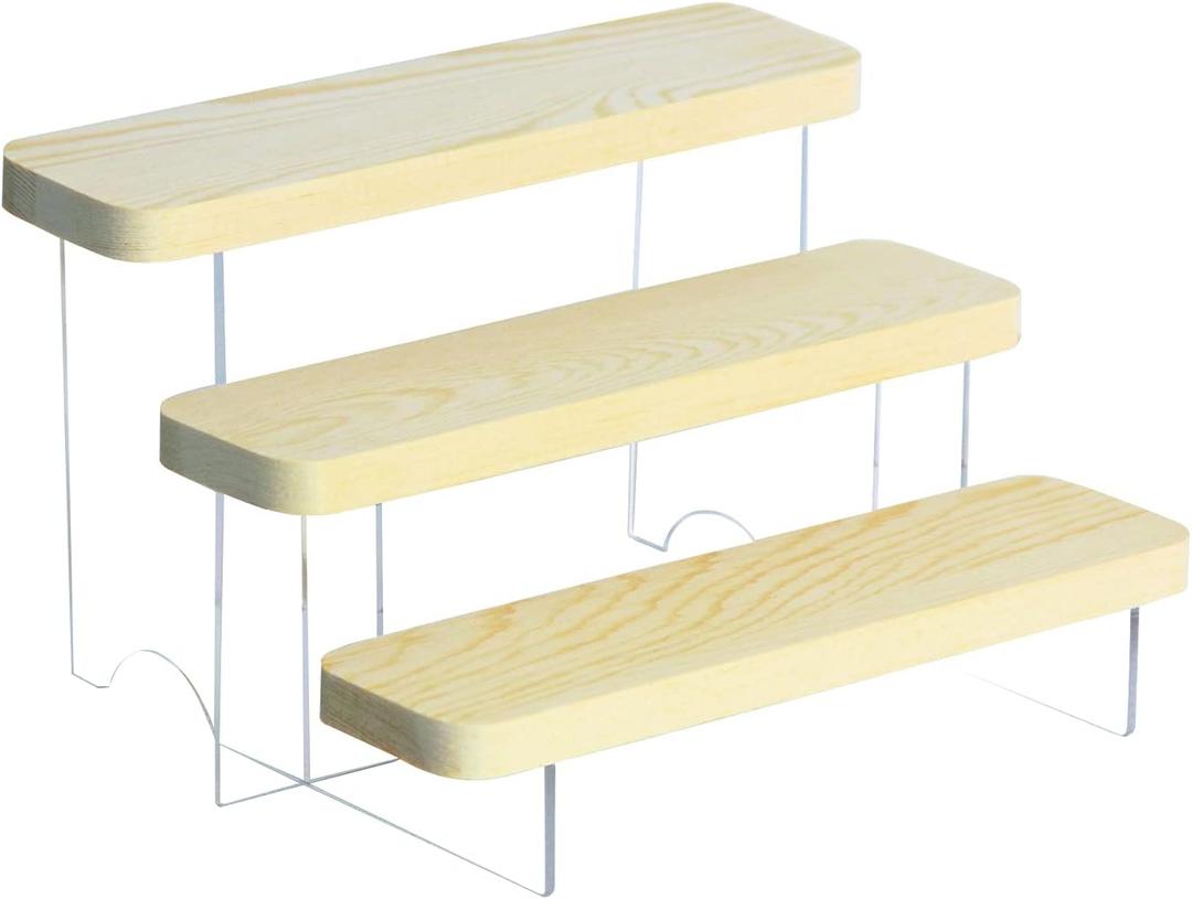 Figure Display Stand Acrylic Display Riser for Collectibles, Wood Tiered Display Shelf Organizer for Products (A-3Tier-7.87inch)