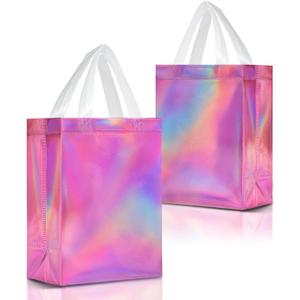 Nush Nush Pink Iridescent Gift Bags Medium Size  Set of 12 Holographic Pink Gift Bags With Handles - Reusable Goodie Bag for Bridal Shower Gifts, Birthday Party Favor, Baby Shower - 8x4x10