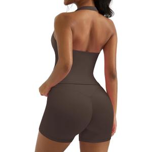 OMKAGI 2 Piece Workout Sets for Women Halter Sports Bra Tank Gym Biker Shorts Outfits (Small, Dark Brown)