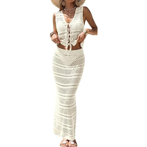 Fisoew Womens Summer Crochet Swim Cover Up 2 Piece Sleeveless Front Tie Crop Tops Beach Maxi Skirt Boho Coverup Set Size S