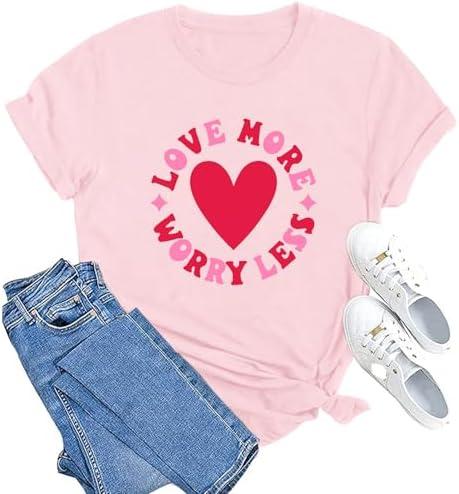 MAIHUN Valentines Day Shirt Love More Worry Less Shirts Women Happy Smile Face Tshirt Short Sleeve Casual Tee Tops Size XL