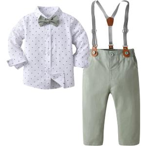 Boarnseorl Baby Boys Pants Sets, Infant Long Sleeve Shirt + Pants + Bow Tie + Suspenders Outfits (6-7Y)