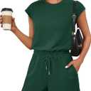 ANRABESS Rompers for Women Summer 2026 Casual Cap Sleeve Crewneck Drawstring One Piece Jumpsuit Outfits with Pockets, Small