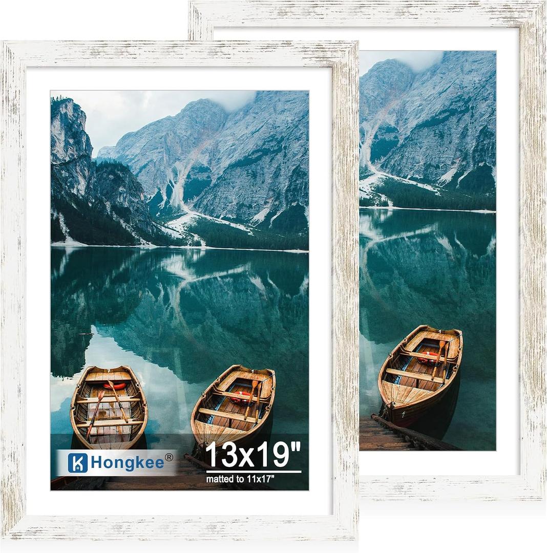Hongkee 13x19 Picture Frame Set of 2, Distressed White Wood Style - Display Posters 11 x 17 with Mat or 13x19 without Mat, Wall Mounting Horizontal and Vertical