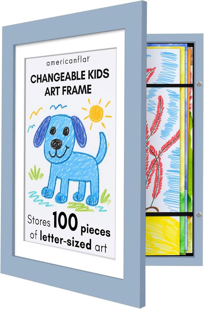 Kids Artwork Frame Changeable (Baby Blue) - Magnetic Door Holds 100 Art Pieces - 8.5x11 Letter Size Display with Mat or 10x12.5 Without Mat - My Mini Masterpiece