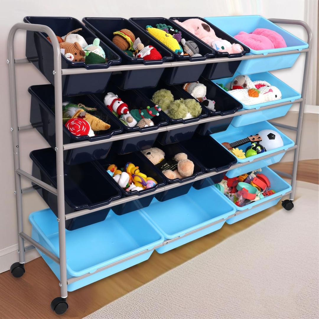 Kids Toy Storage Organizer, 4 Layers Multipurpose Metal Toy Storage Rack with 18 Detachable Plastic Large Small Bins for School Playroom Nursery Kids Room (Blue)