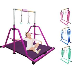 Foldable & Moveable Gymnastics Horizontal Bar with Rings,3’to 5’Adjustable Height Expandable Junior Kip Bar for Home, Indoor Gym Equipment for Kids