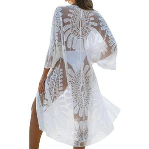 Blooming Jelly Womens Kimono Mesh Swimsuit Coverup Lace Embroidered Long Beach Cover Ups 3/4 Sleeve Tie Front Summer Cardigan, Size Medium