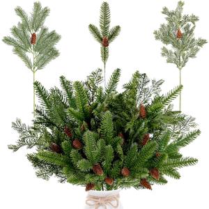 Sggvecsy 34 Pcs Artificial Pine Branches Faux Pine Needles with Pine Cones 19 Long Greenery Pine Picks Christmas Twigs Stems for DIY Garland Wreath Xmas Embellishing Home Garden Decoration
