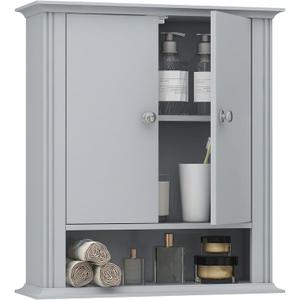 Wall Mounted Wooden Storage Cabinet with 2 Doors, Hanging Wall Cabinet Over Toilet, Upper Cabinet Storage Cupboard for Kitchen Laundry Room, Light Grey