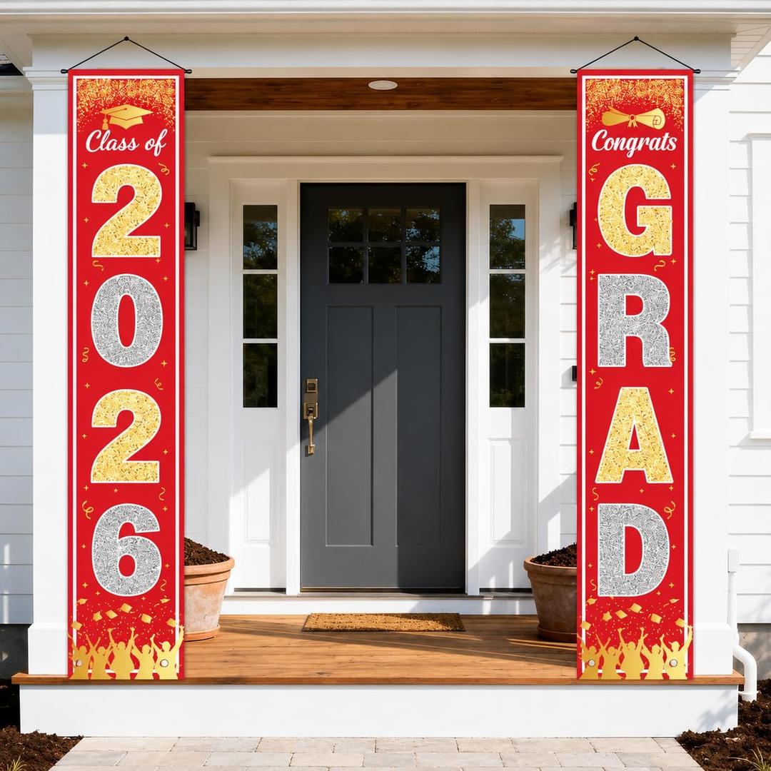 3 x OHOME Graduation Decorations 2026 - Red Gold Congrats Grad Porch Banner for Graduation Party Decorations - Class of 2026 - Party Favors Supplies Backdrop Yard Signs Decor (Red)
