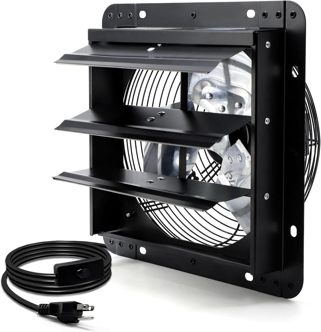 7 Inch Shutter Exhaust Fan, Wall Mounted Attic Fan with Power Cord for Greenhouse, Shed, Garage, Barn, Chicken Coop Ventilation, 760 CFM, Black