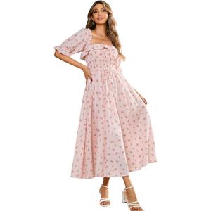 R.Vivimos Women Summer Half Sleeve Cotton Ruffled Vintage Elegant Backless A Line Flowy Long Dresses (Pink#2-floral) Size XL