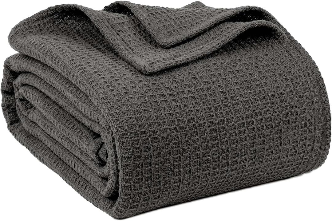 100% Cotton Blankets for Bed - Waffle Weave Blankets for Summer, Lightweight and Breathable Soft Woven Blanket for Spring (Dark Grey, Queen (90" x 90"))